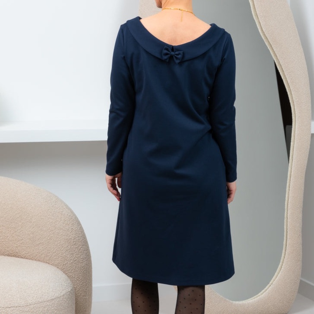Le Muse Italian Punto Story Dress Long Sleeve Deep Blue Bow Back Preppy Parisian